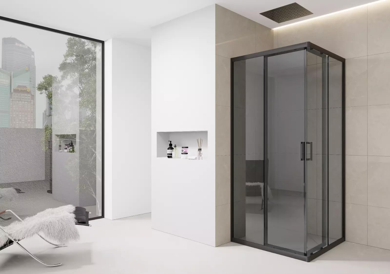 Corner Shower Enclosure Black/Dark Grey with Black Trim Walk in Cubicle Sliding Door Entry Shower Tray and Riser Kit Options (900mm x 900mm Shower Enclosure)