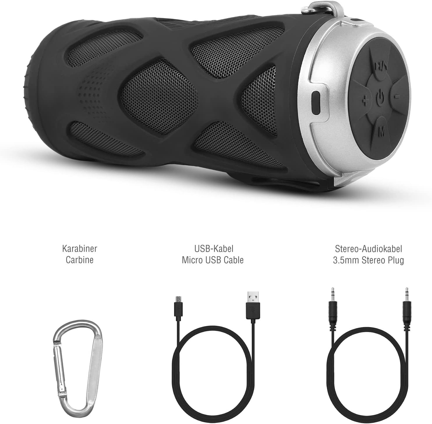 Image showing the LEICKE DJ Roxxx speaker with its included accessories: a carabiner, a Micro USB charging cable, and a 3.5mm stereo audio cable.