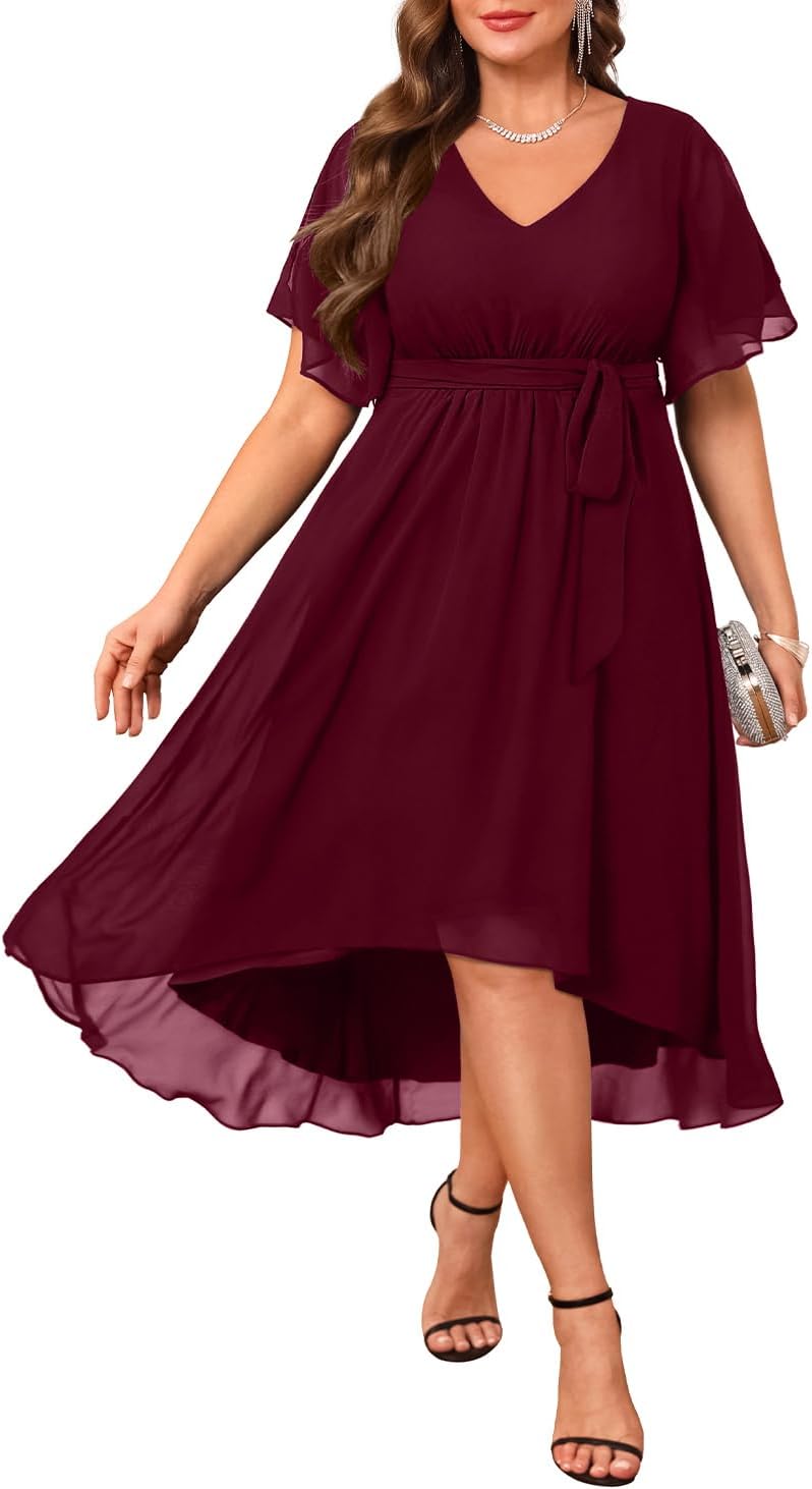 Plus Size Dresses Wedding Guest - Formal Cocktail Chiffon V Neck Short Sleeve High Low Dress Curvy Women Wine Red 18 Plus