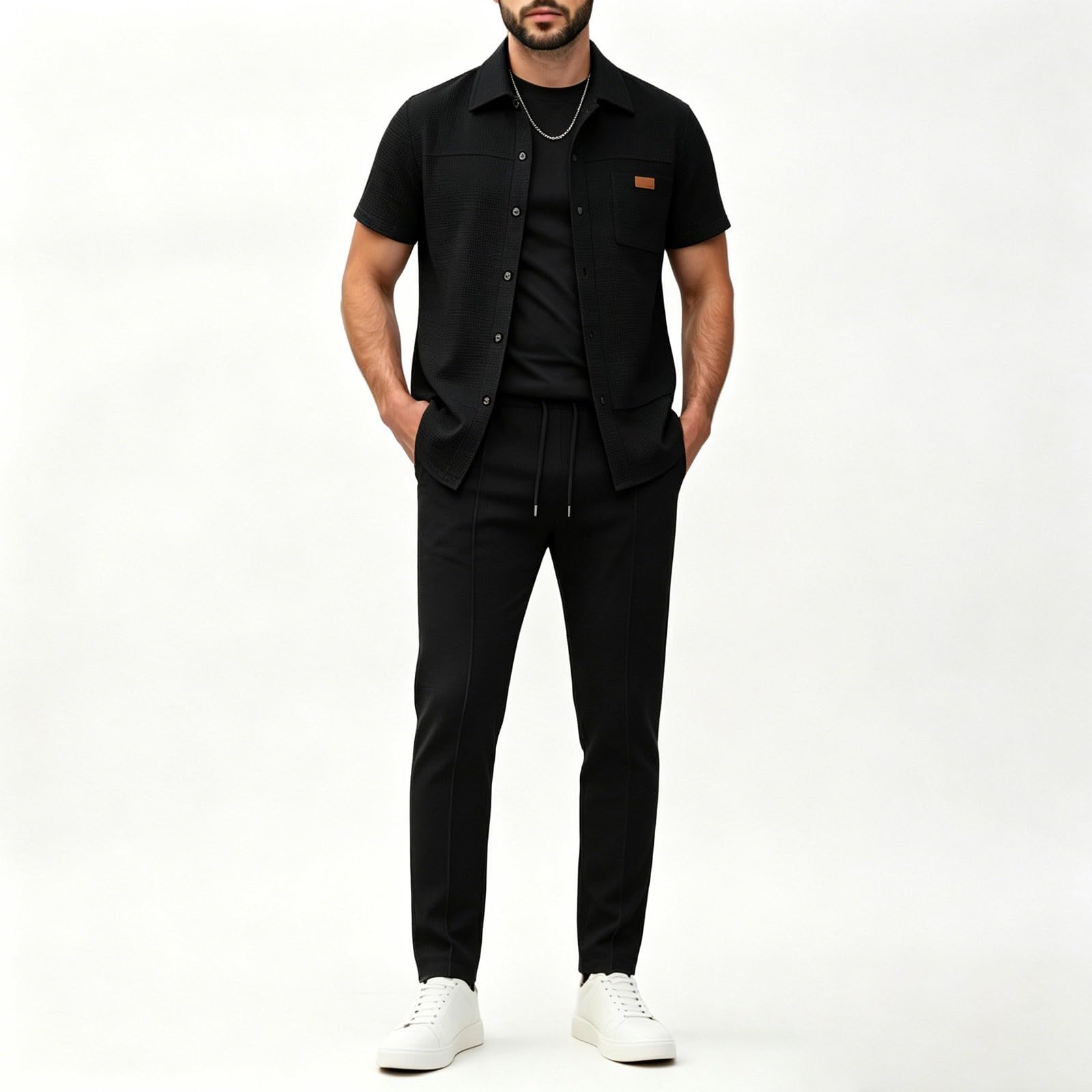 Completo Uomo, Completino Uomo Estivo Completo Casual in Maglia Composto Giacca E Pantaloni in Tinta Unita con Tasche Applicate E Colletto Reversibile Ideale per Un Moderno (Black S)