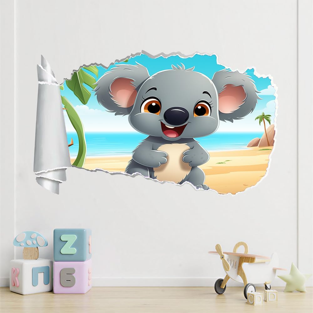 Decalcomania Fracassata 3D, Animali Koala Adesivo staccabile e adesivo rimovibile, Paesaggio Della Spiaggia Tatuaggio da parete Ragazze Camera da letto Decor Mural Home Decor