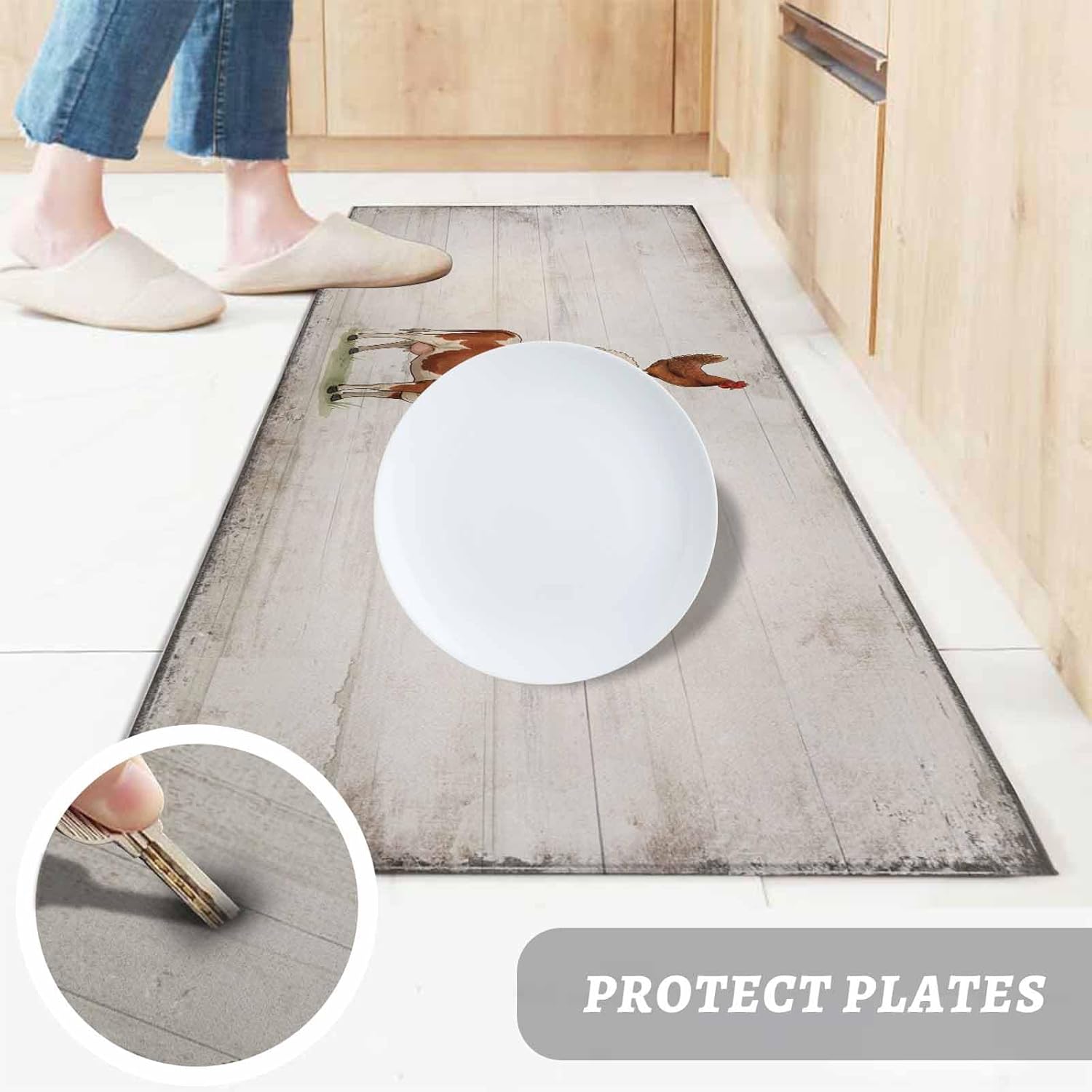 Teamery Kitchen Mats for Floor Farmhouse Cow Sheep Chicken Washable Non Slip Kitchen Rugs 1PCS, Farm Animal Rustic Wood Board Absorbent Standing Mats for Sink Bathroom Office Living Room 23.6x70.9in