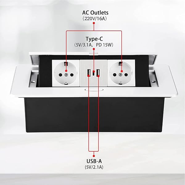 Regletas de Enchufes,Enchufe Multiple Retractible para Escritorio con 2 Enchufes EU,Regletas Enchufes con 2 Puertos USB+Type C para Encimera,Cocina,Taller - 4