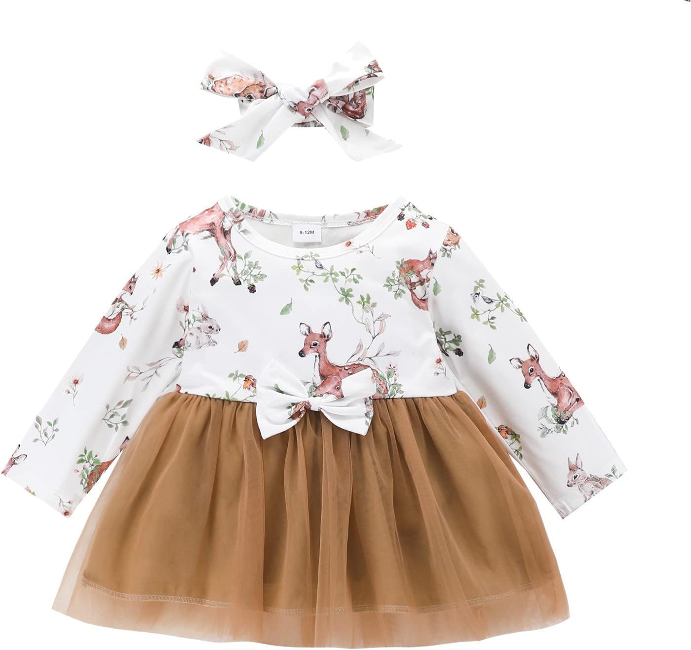 Infant Girls Long Sleeve Deer Prints Tulle Dresses Toddler Princess Dress Headbands Set Toddler Princess Dress