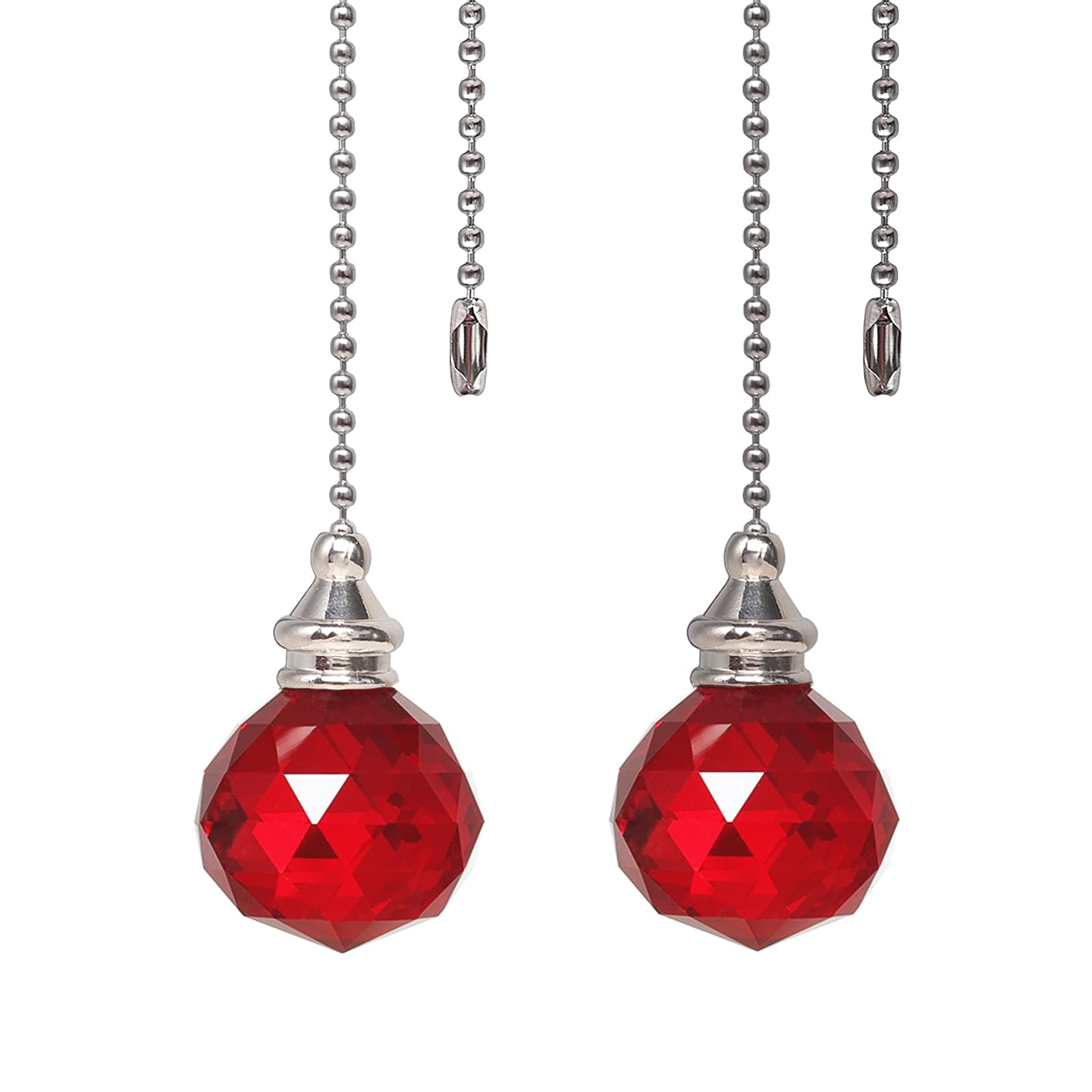 Red 2pcs Crystal Ceiling Fan Pull Chain Pull Chain Crystal Prism Ball 30mm Dazzling Ornaments Extension with Connector for Ceiling Light Fan