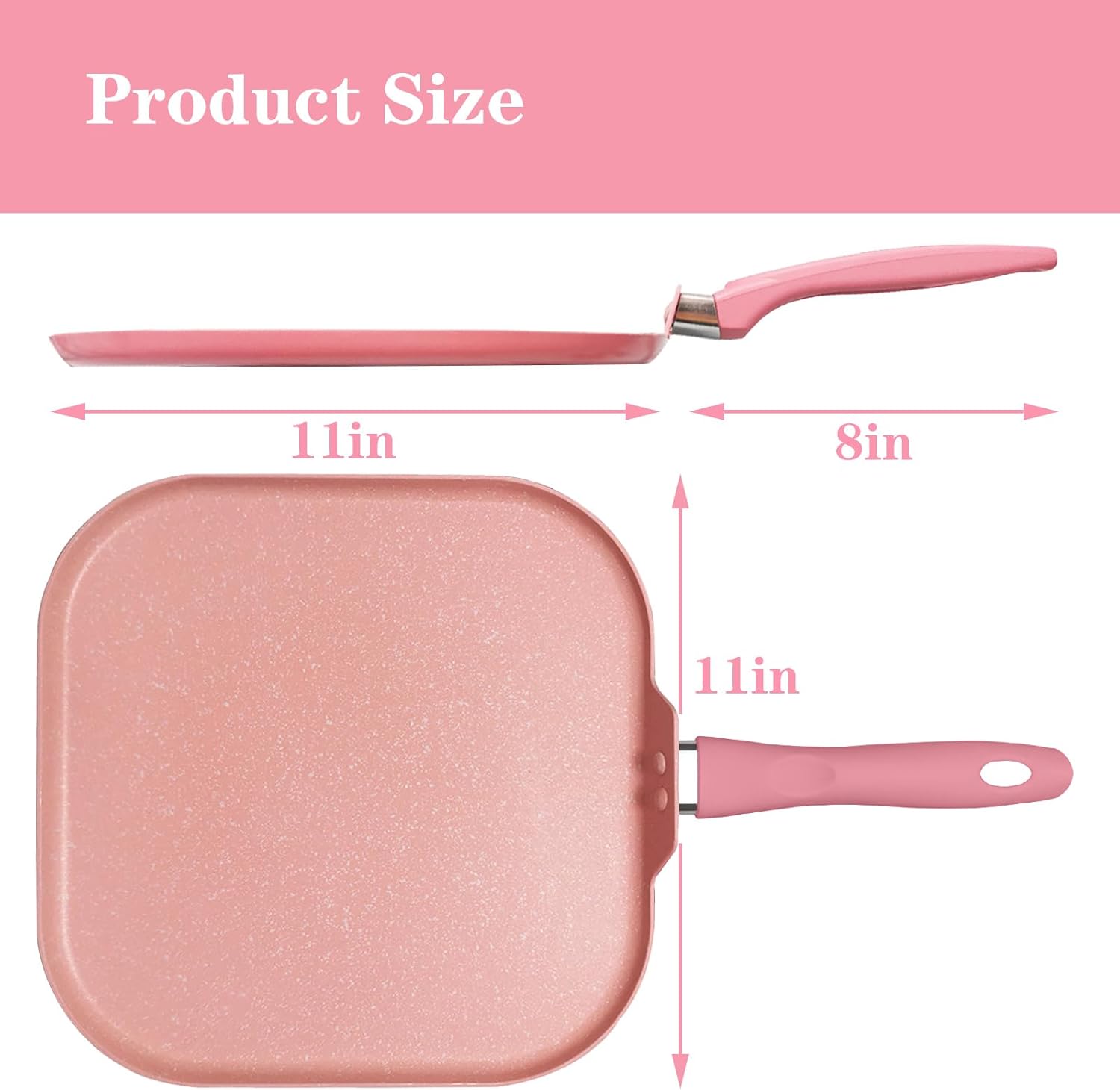Square Griddle Pan for Stove Top Nonstick, Flat Pan with Spatula & Brush, 11"X 11" Pink