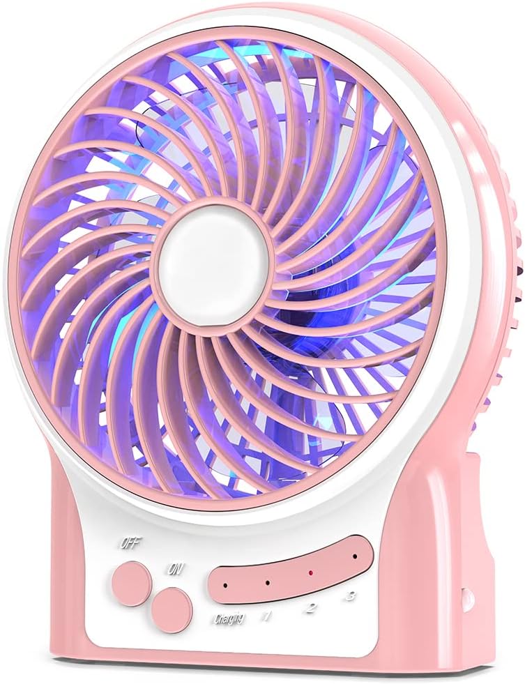Mini Portable Battery Operated Desk Fan, Rechargeable & USB Powered Handheld Fan with Atmosphere Light & Flashlight, Strong Airflow, 3 Speeds, Small Personal Hand Held Fan for Desktop Camping (Pink)