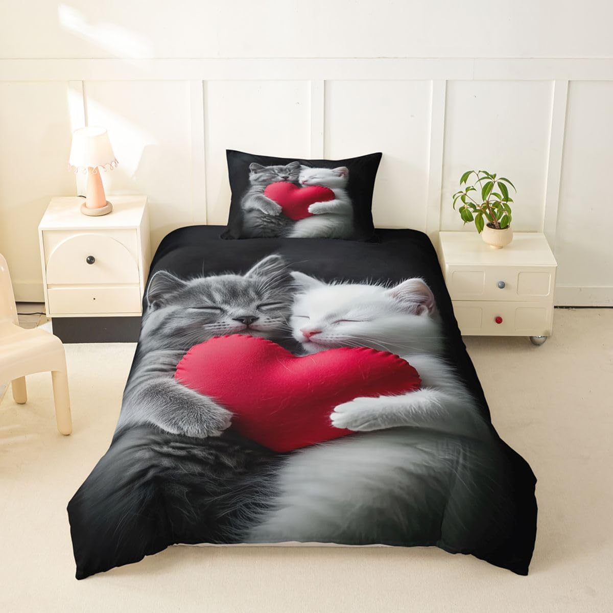 Erosebridal Cute Cat Pattern Toddler Duvet Cover Red Love Herat Comforter Cover for Kids Teens Cat Couple Romantic Style Microfiber Bedding Set Grey White Kawaii Pet Animal Bed Set with Zipper