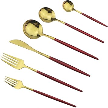 36-Piece Silverware Set 304 Stainless Steel Red Handle Gold Utensil Forks Spoons Knives Set, Mirror Polished Cutlery Flatware Set Tableware Sets for 6- Curved Design Red Gold