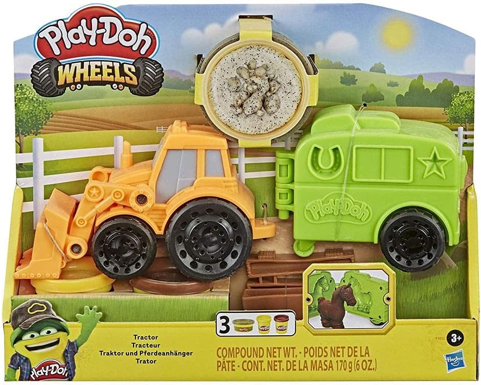 Play-Doh Wheels Tractor Farm Truck Toy for Kids 3 Years and Up with Horse Trailer Mold and 3 Cans of Non-Toxic Modeling Compound