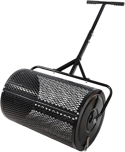 BCSRVCE Rodillo esparcidor de Compost de 24 Pulgadas, esparcidor de turba Resistente con Mango en Forma de T, Cesta de Malla metálica Ligera y Duradera para césped y Cuidado.