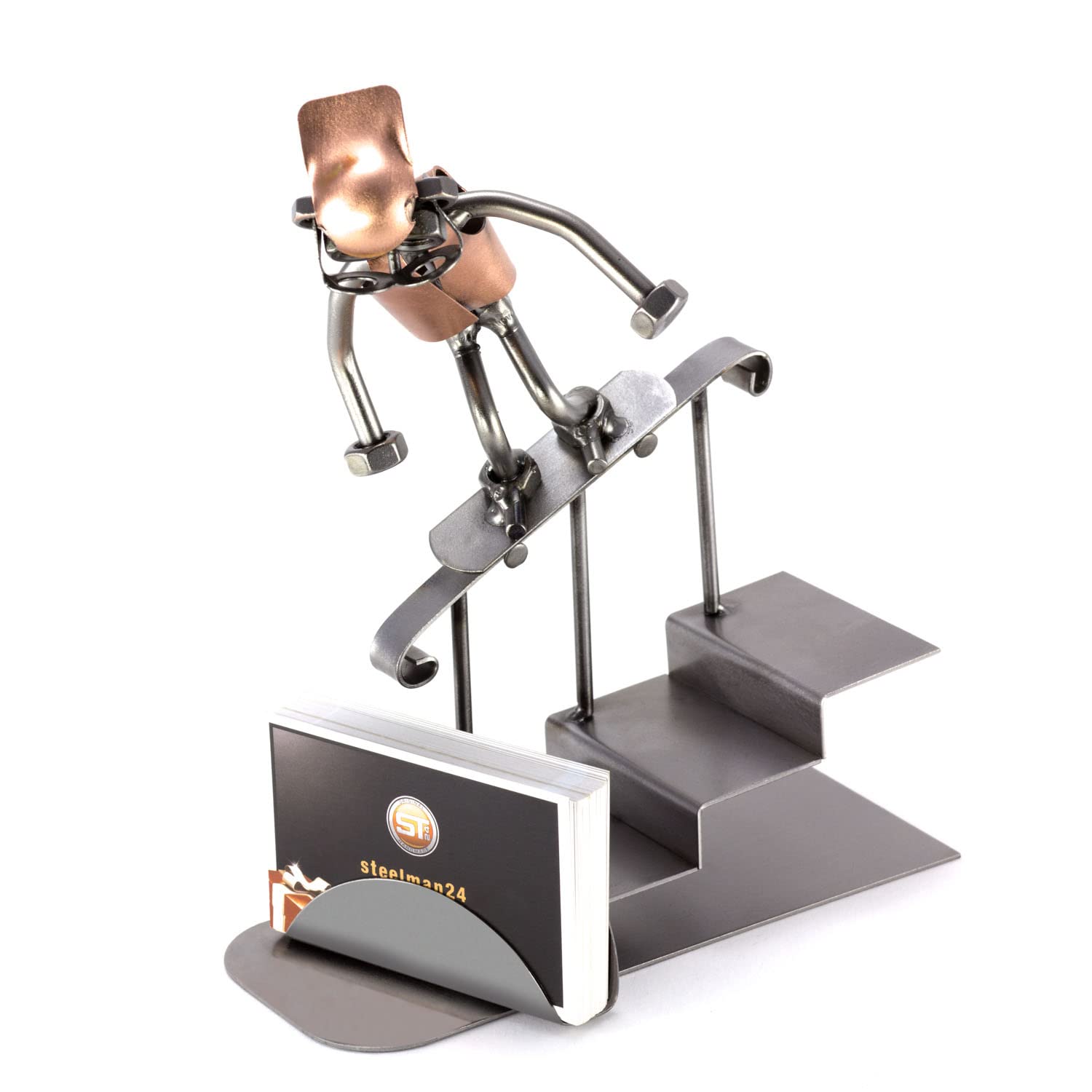 Steelman24 I Figurine en métal Skateboarder sur Rampe D'Escalier avec Porte-Cartes De Visite I Made in Germany I Idées Cadeaux I Sculpture d’Acier