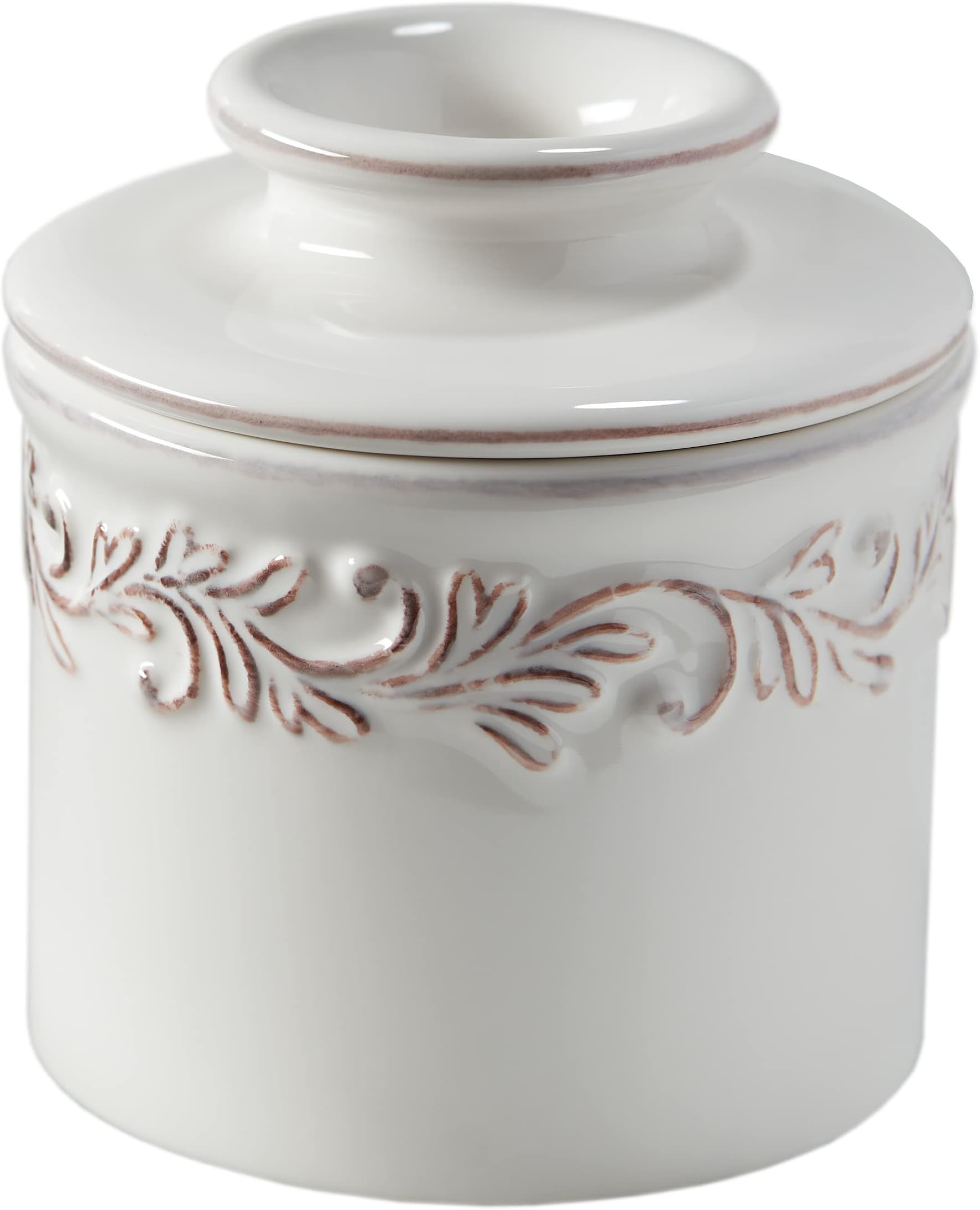 The Original Butter Bell crock by L Tremain, a Countertop French Ceramic Butter Dish Keeper for Spreadable Butter, Antique Collection, White Linen