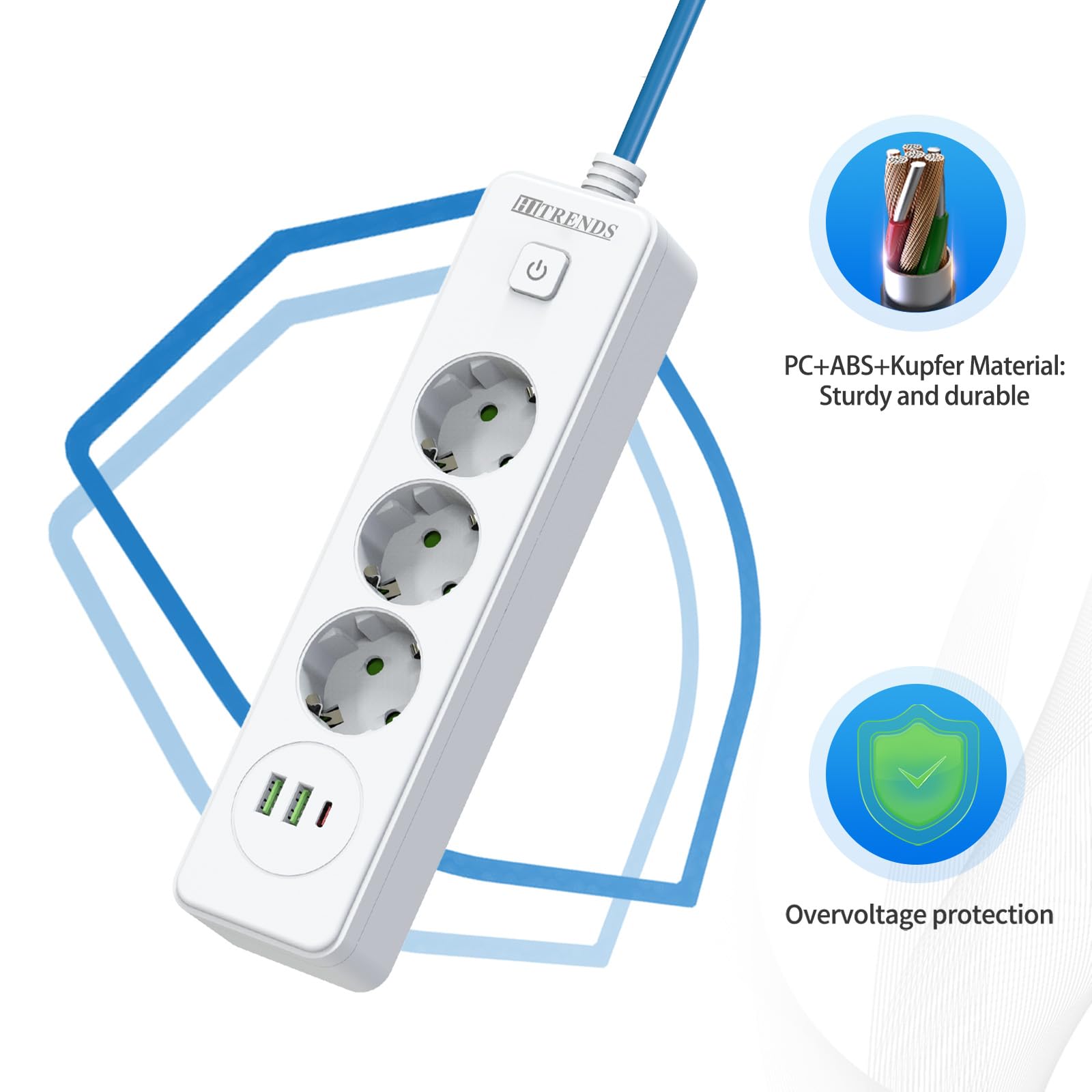 Versenkte Steckdose mit USB, Einbausteckdose mit Schalter, 3 Fach Tischsteckdose, Steckdosenleiste mit 2 USB A+1 USB C, Steckerleiste mit CEE-Stecker für Camping, Wohnwagen, Zelt, 5M Kabel-Weiß, IP44