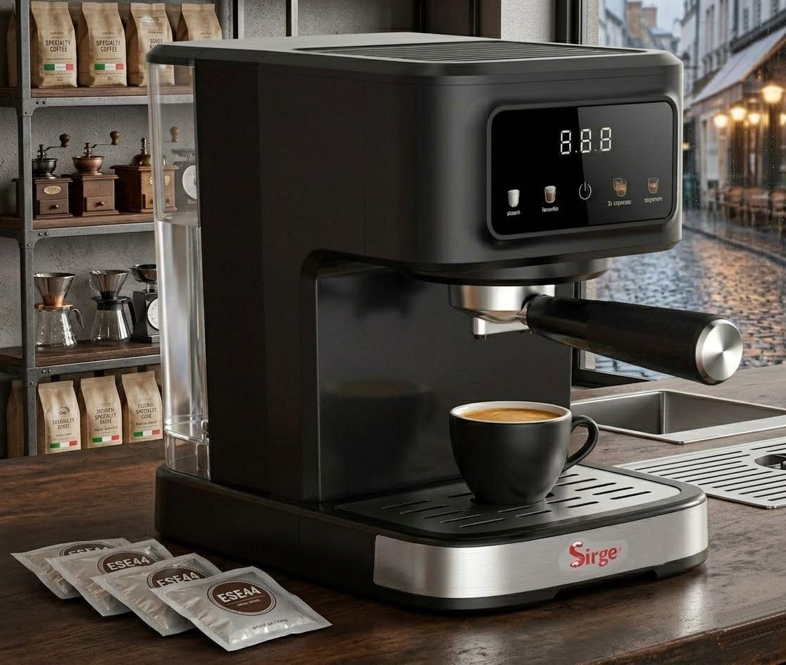 Sirge Macchina Caffè Espresso 20 Bar Digitale 3 Filtri | Cappuccino, Cialde ESE44 e Macinato, Display AutoStop