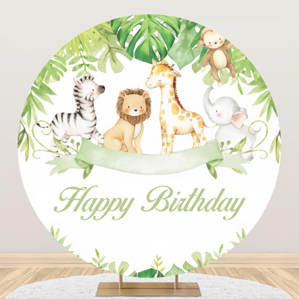 OFILA Jungle Animals Birthday Round Backdrop 7.2ft Happy Birthday Circle Backdrop Cover Tropical Green Leaves Safari Animals Theme Birthday Party