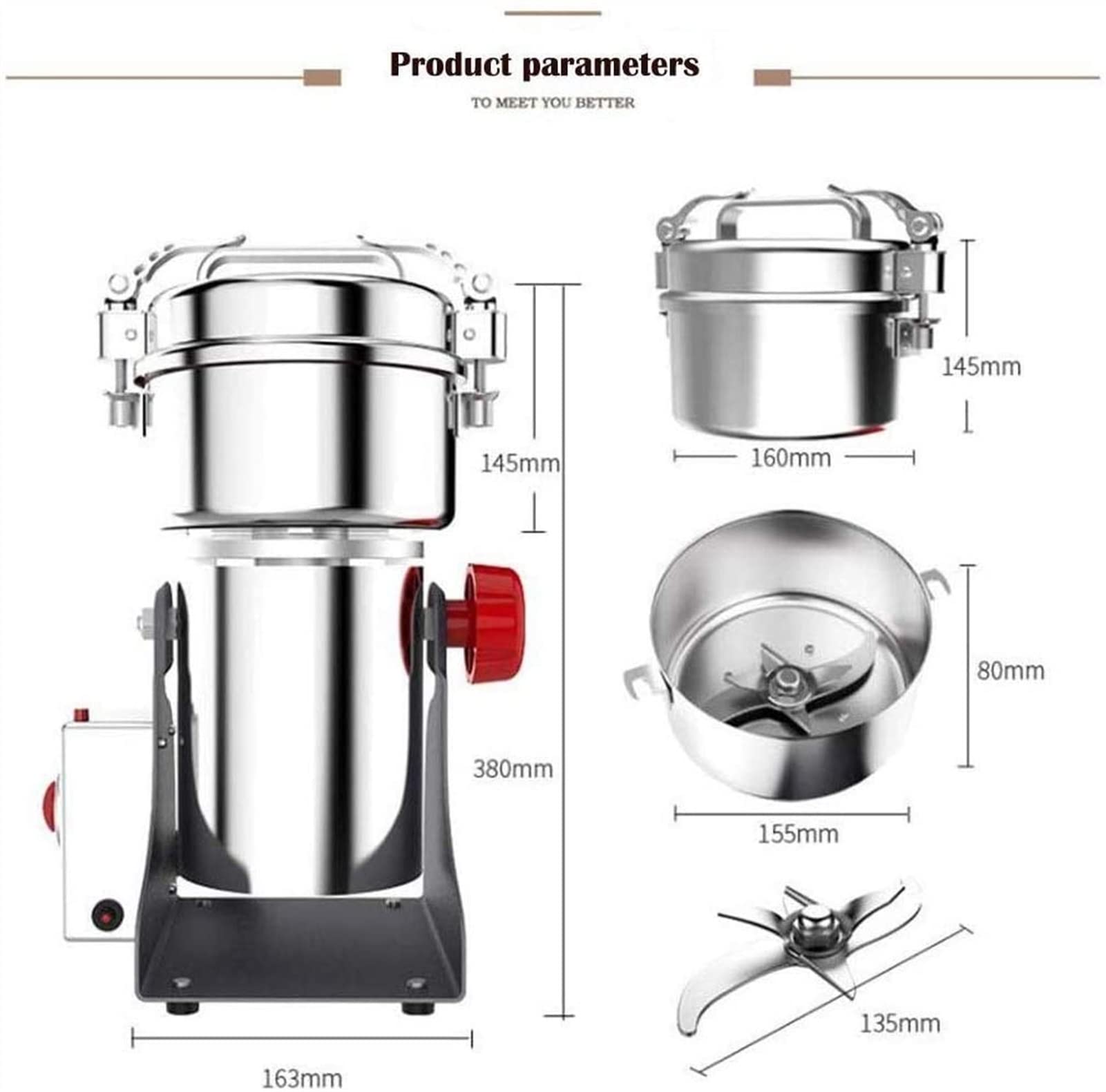 Macina Grano Elettrico Macina Grano, Macina Grano Elettrica 800G Mulino in Acciaio Inossidabile per Uso Alimentare Macchina per la Polvere 1400 W 70-300 Mesh per Cucina Erbe Spezie Pepe Caffè
