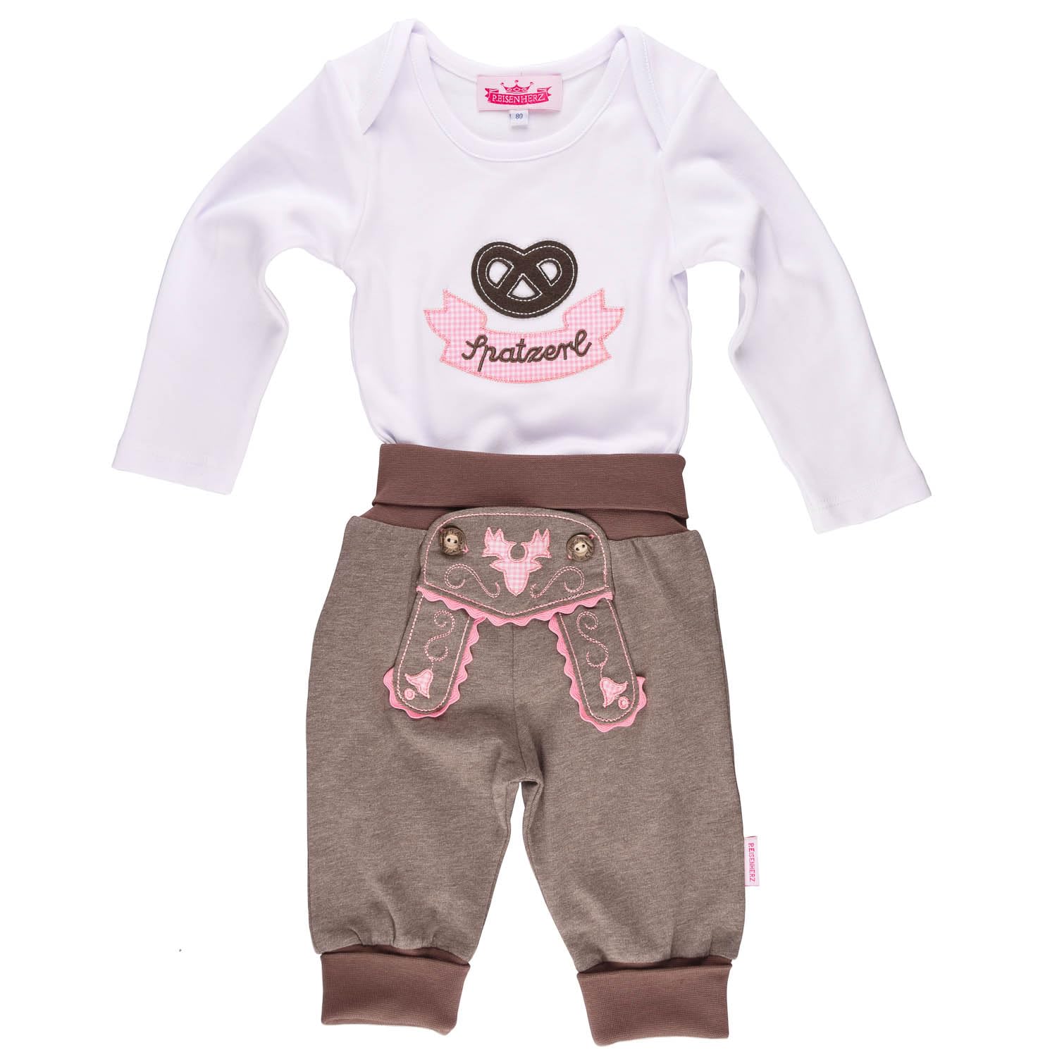 P.Eisenherz Trachten Set für Madln im Geschenkkarton: Baby Body mit langem Arm und Applikation ''Spatzerl'' und Baby Jogginghose im Lederhosen Look, braun