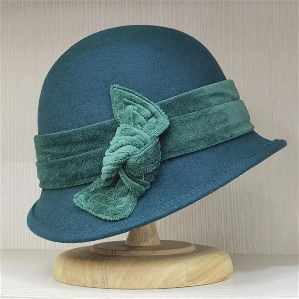 SaoBiiu Cappello a bombetta da donna in lana con fiocco, cappello a cloche arricciato, cappello da chiesa da matrimonio