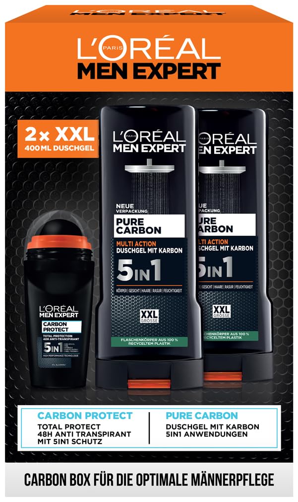 L'Oréal Men Expert Pflegeset für Männer, Geschenkset mit XXL 5-in-1 Duschgel und Deoroller, Geschenke für Herren inklusive Bodywash und Deo Roll-On mit Karbon, Pure Carbon, 2 x 400 ml, 1 x 50 ml