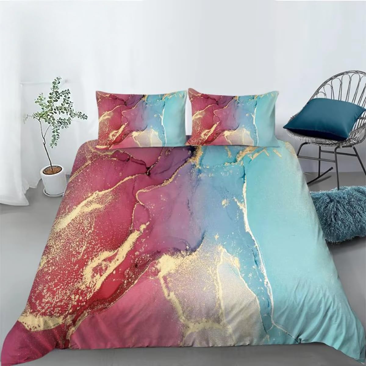Housse de couette en marbre bleu rouge parure de lit 200x200 en microfibre