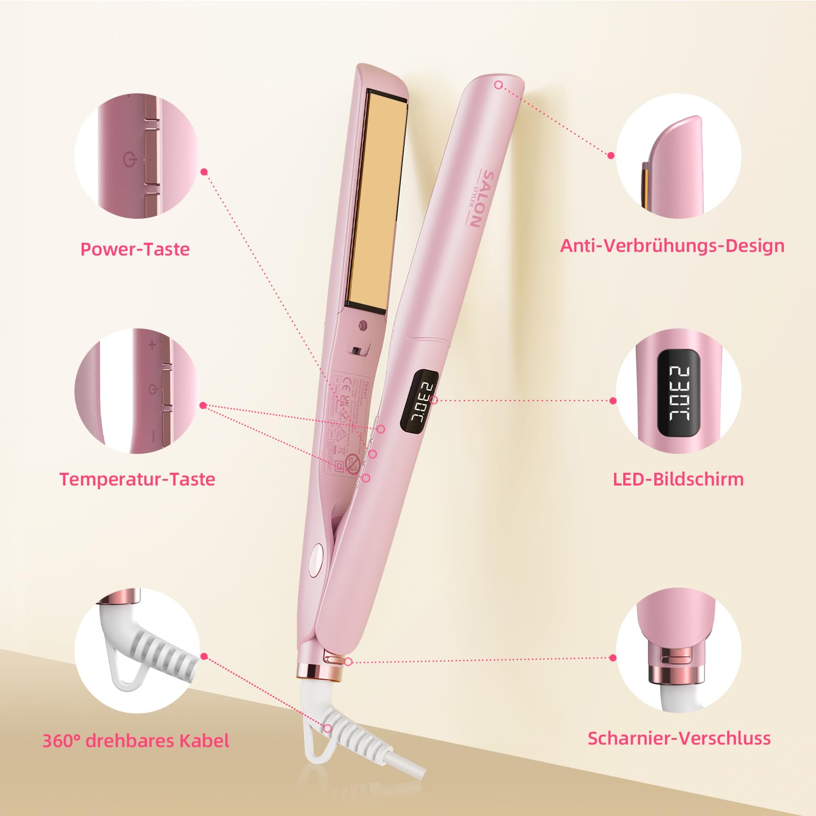 Dekuri 2 in 1 Glätteisen Locken und Glätten, Glatte Titanplatte Haarglätter, 30s Schnellaufheizung, 120-230℃ LED Display, Ionische Haarglätter für Frauen - Rosa