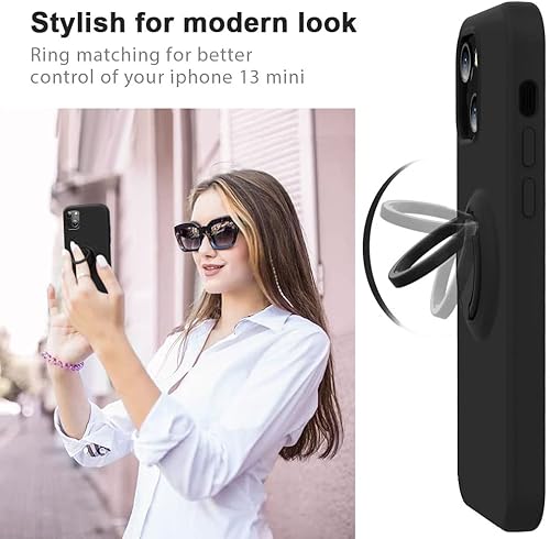 Miniatura 3 de MOCCA Funda compatible con iPhone 13 Mini con soporte de anillo, silicona líquida, forro de microfibra, funda protectora antiarañazos, a prueba de