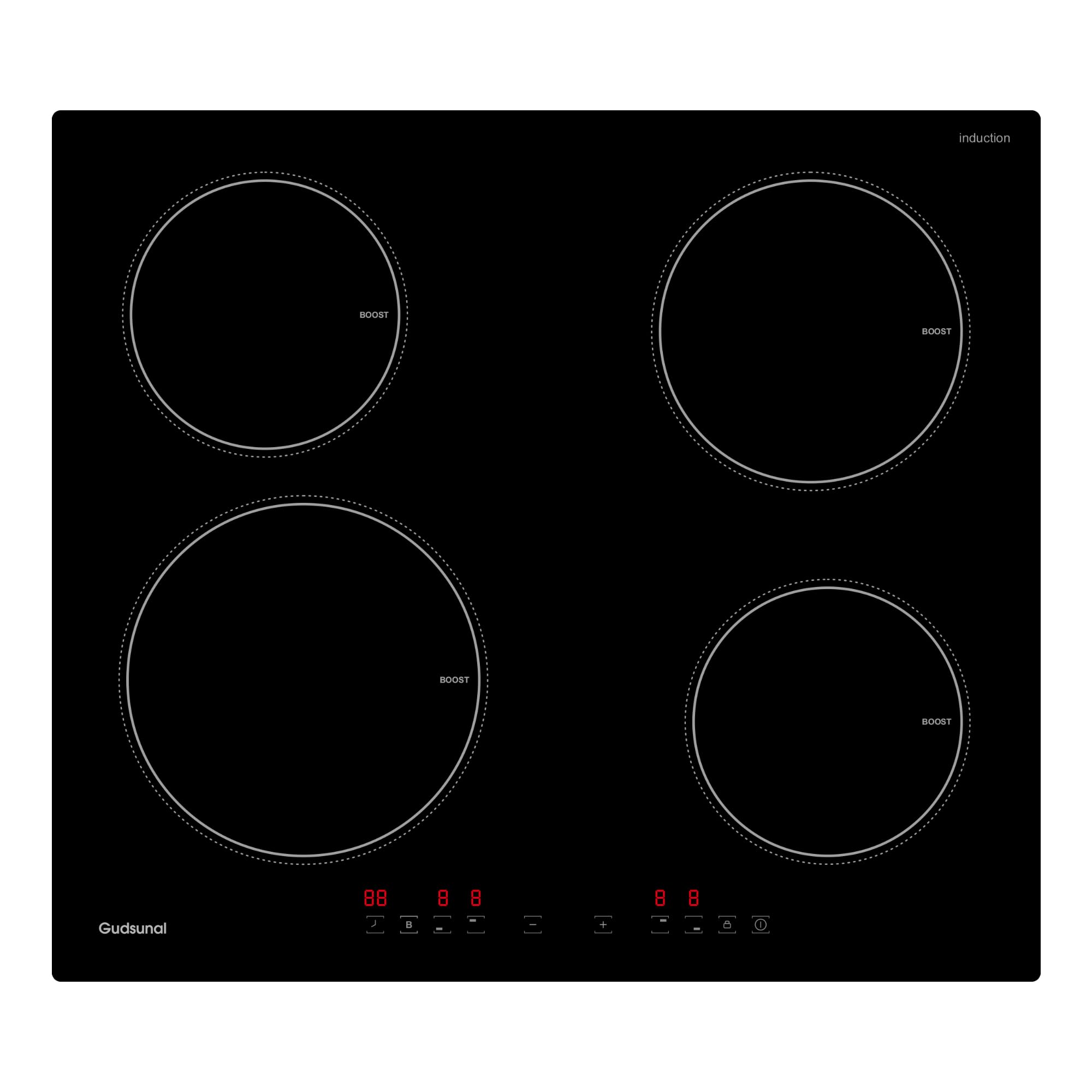Gudsunal Induktionskochfeld 60 cm, 7200W, kontinuierliche Niedrigleistungsheizung, Booster, 9 Heizstufen, Timer, automatische Abschaltung, Kindersicherung, Pfannensensor