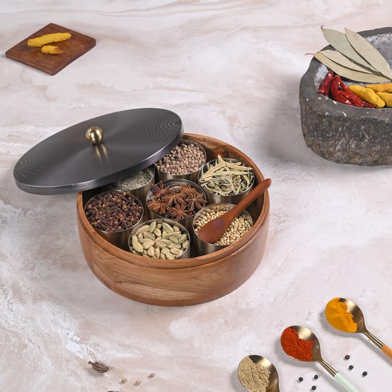 Image of Wooden Masala Box for Kitchen - 7 Stainless Steel Jars with Wooden Spoon | Stainless Steel Brass Lid with Knob | Multipurpose Dry Fruit & Spice Storage - GunMetal (SunRays Laser Etching)