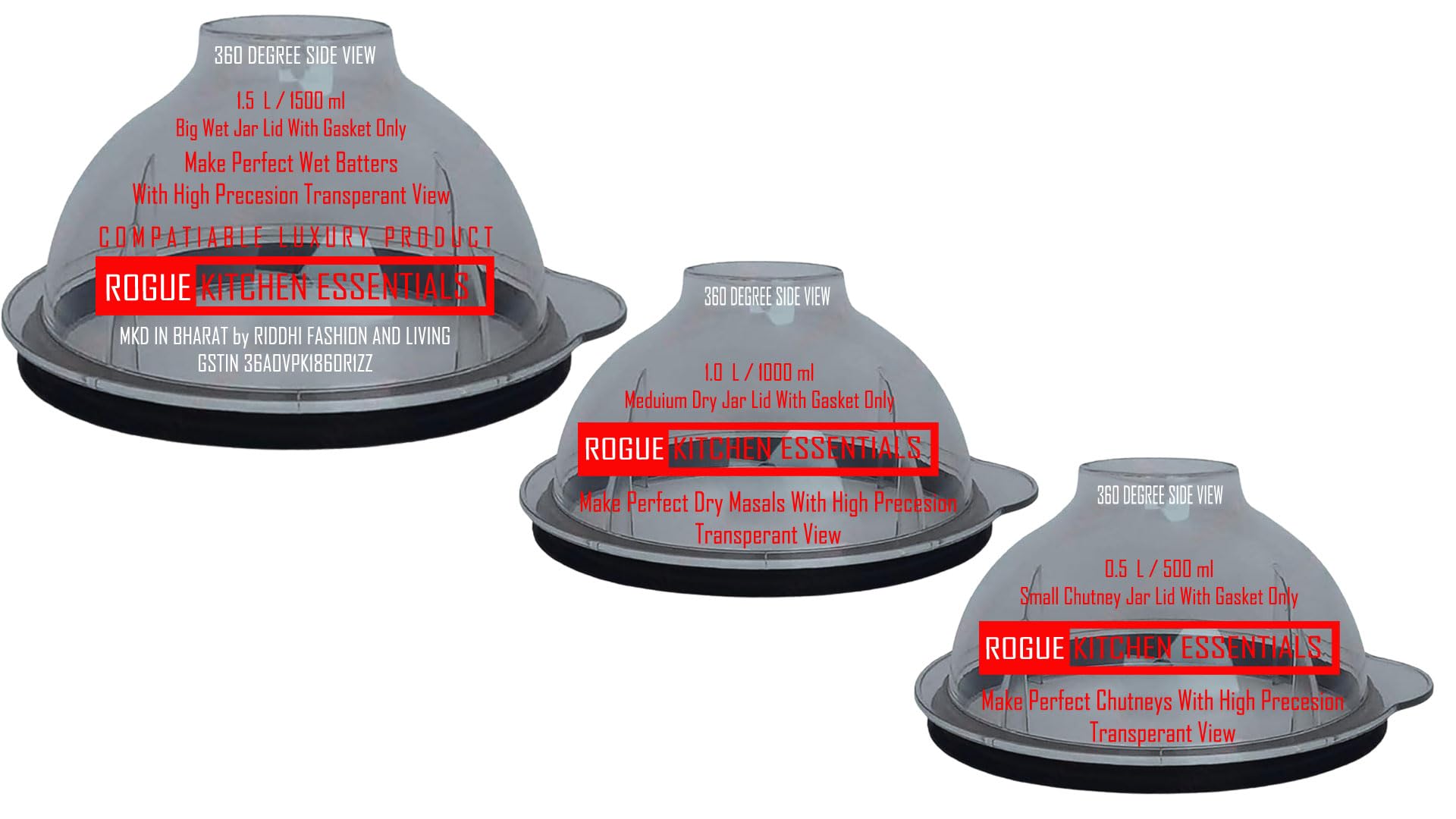 RFAL Replacement Dome Lids (Set of 3) - Compatiable With "Preethi Zodiac, Zodiac 2.0, Zeon, Steel, Steel Supreme, Aries & Taurus Mixers" - 3 Dome Lids each for Wet Jar, Dry Jar & Chutney Jar