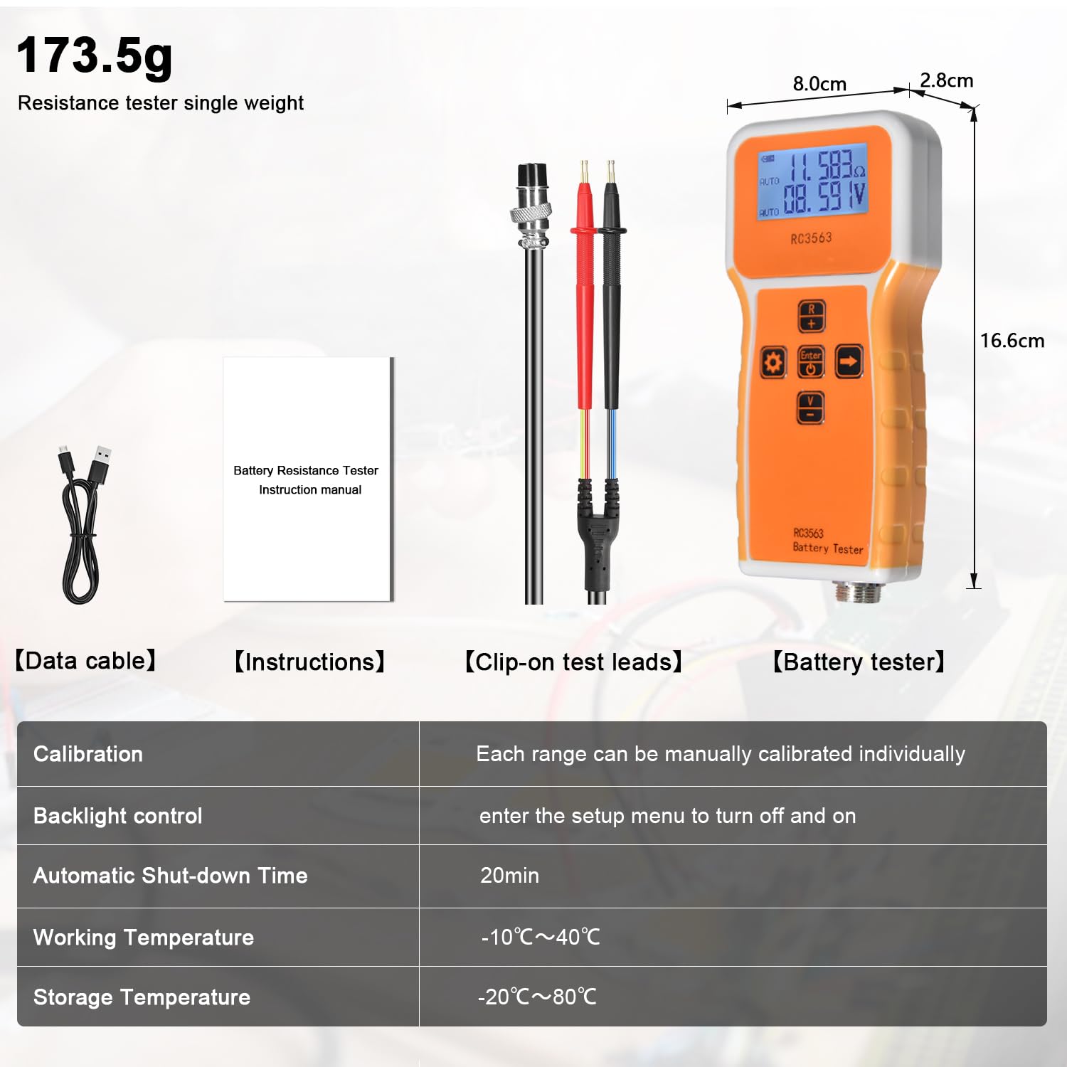 Batterie-Innenwiderstandstester, Spannungs-Widerstandsmessgerät 1uΩ~200Ω 0~±100VDC Bereich Tragbarer Spannungs-Widerstands-Prüfer mit Sonde, Batterie-Analysator für Blei-Säure, Ni-CD, Li-Fe RC3563