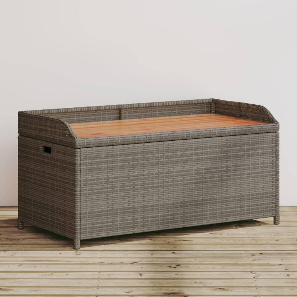 Panca portaoggetti da esterno con seduta in legno di acacia e rattan PE di colore grigio, dimensioni 100 x 50 x 52 cm, spazio di archiviazione impermeabile e meccanismo di sicurezza