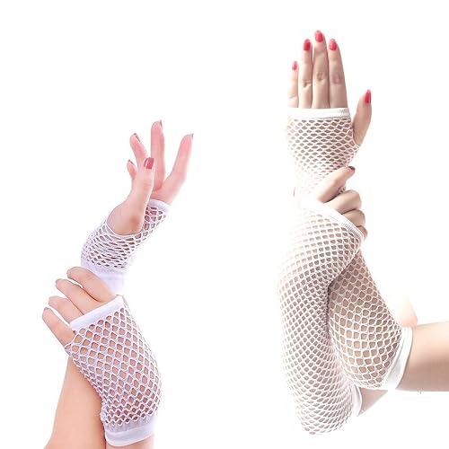2 Pares de Guantes de Red Retro, Guantes de Red Largos y Cortos sin Dedos, Blanco, Talla Única