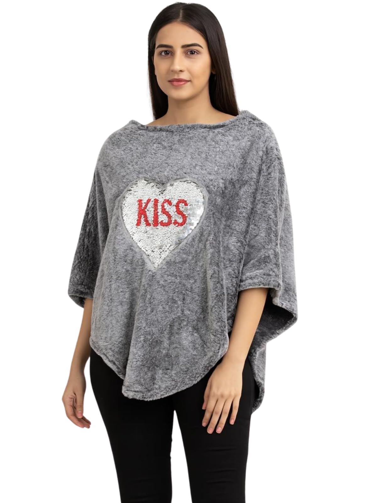 Women’s Sequin Heart Poncho Top – Cozy Asymmetrical Hem Winter Pullover | Trendy Casual Wear-image-17