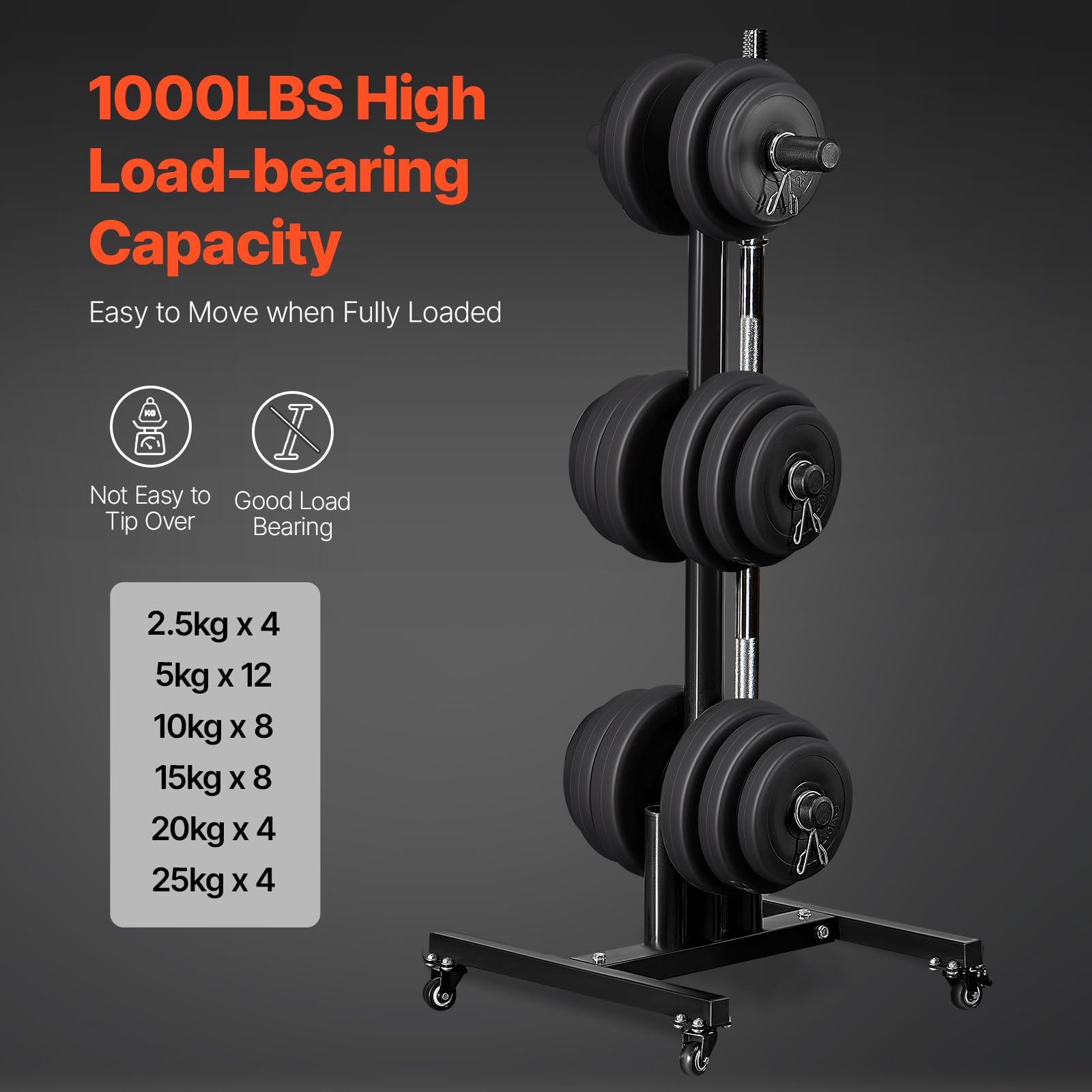 VEVOR Supporto per Dischi Pesi da 50,8 mm Supporto per Dischi Pesi Verticale Standard con Ruote, Porta Pesi con Capacità di Carico 454 kg Supporto per Rastrelliera per Bilancieri per Palestra in Casa