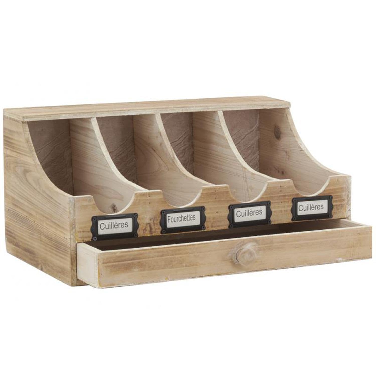 AUBRY GASPARD - Range-Couverts Brasserie Bois Vieilli - 4 Compartiments + 1 Tiroir - Étiquettes de Tri - 40x25x20 cm - Organisation Cuisine - Poids 3 kg