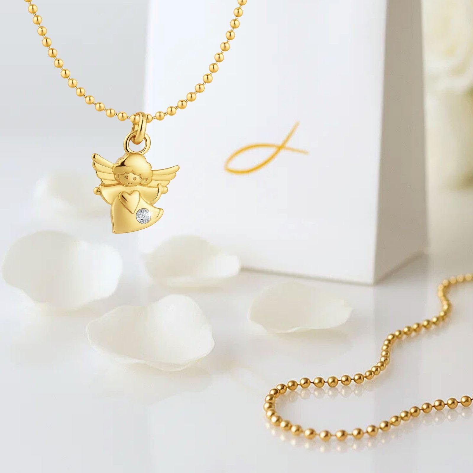 fish Cadena para bautizo para niña/niño de plata/oro, ángel de la guarda, colgante de ángel, collar para niños, joya para bautizo, regalo de nacimiento, tarjeta y caja de regalo