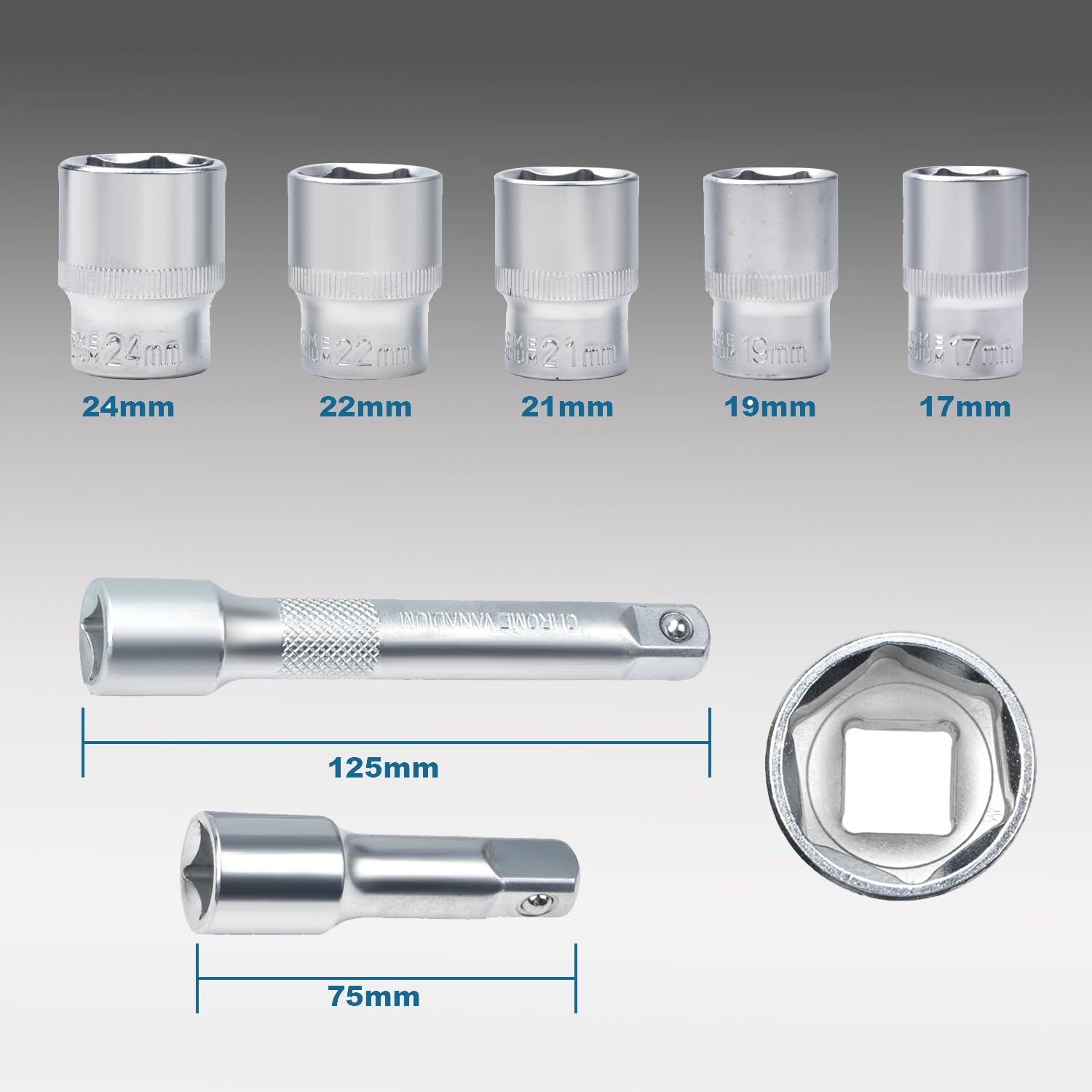 Zestaw 8 kluczy dynamometrycznych z grzechotką 1/2" z regulacją momentu obrotowego 20-220 Nm, dokładność błędu ±3%, z blokadą i 72 zębami, przedłużki 3" i 5", nasadki 17-19-21-22-24 mm do samochodó