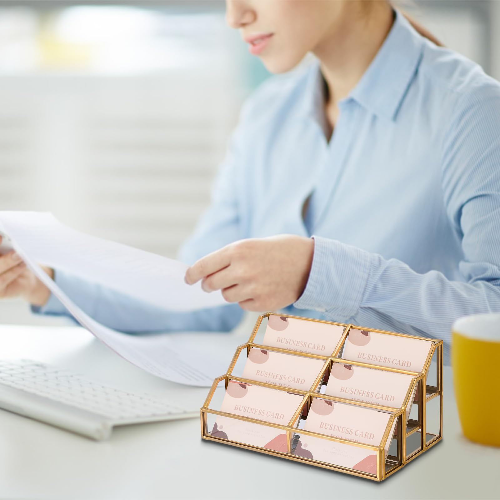 Hipiwe Soporte de cristal para tarjetas de visita de metal dorado, 6 ranuras
