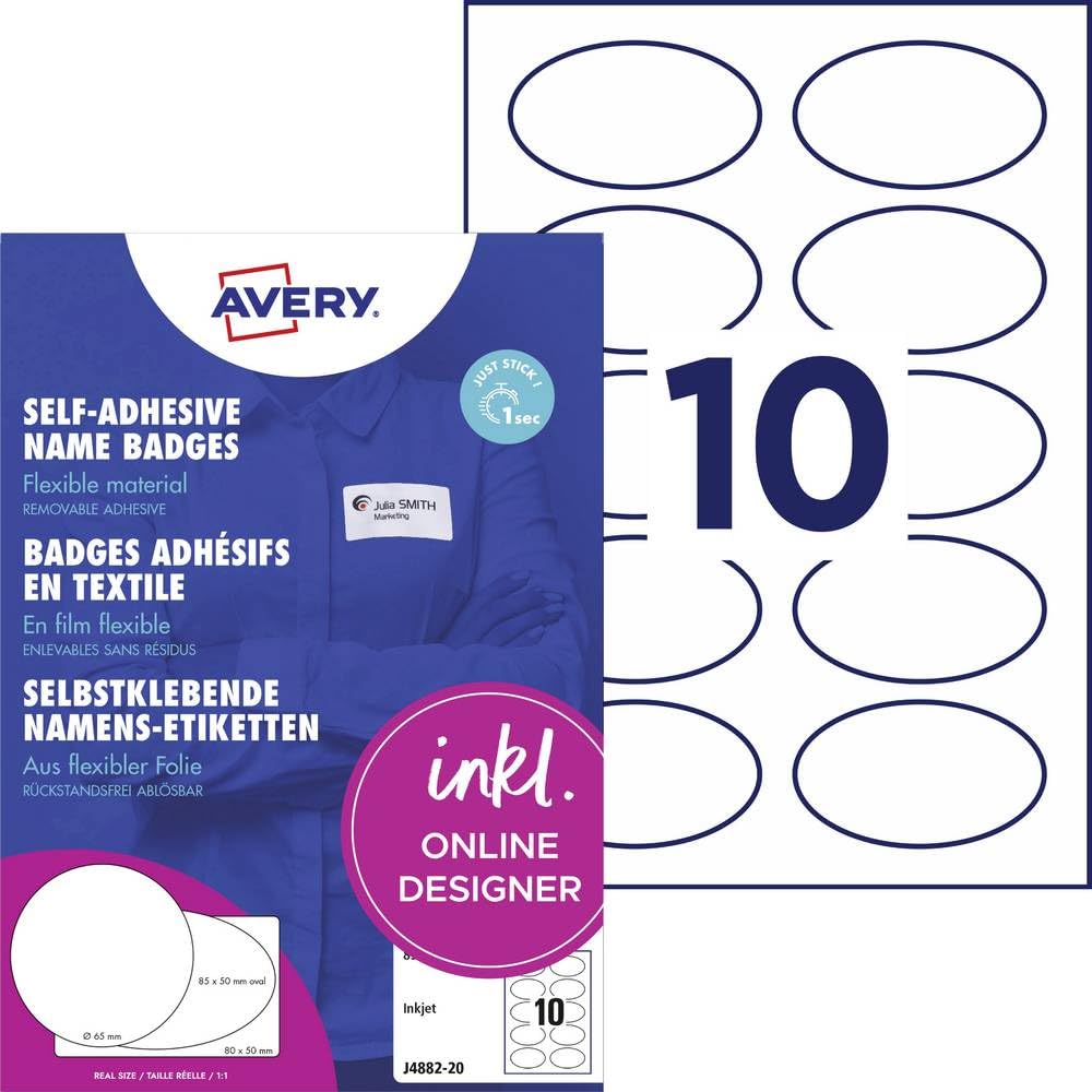 Avery 91785 Etichette Badge Per Tessuti Ovale, 10Et/Fg, 20Fg Inkjet, Bianco, 85 x 50 mm
