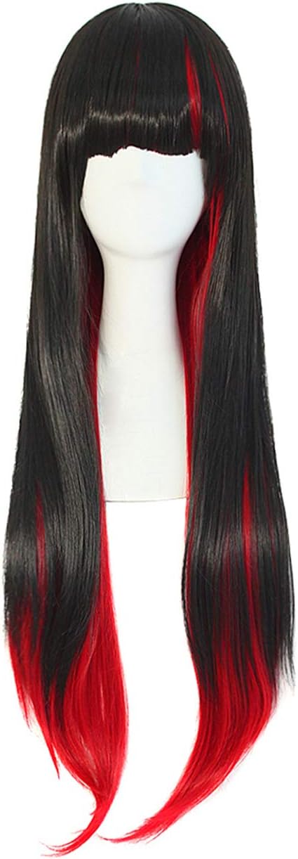 Women Mixed Black/Red Long Straight Flat Bangs Wig