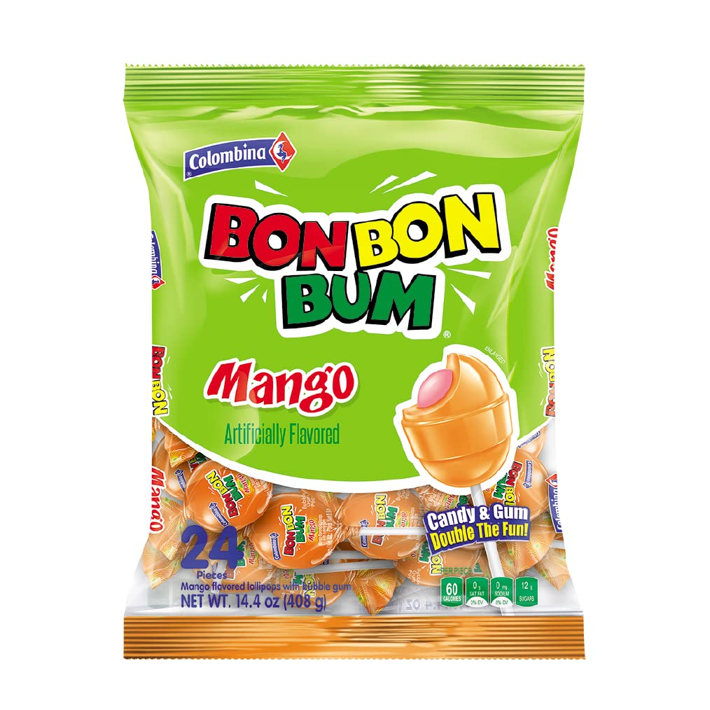 Colombina Bon Bon Bum Lollipops w/Bubble Gum Center, Mango Flavor, Individually Wrapped, Ideal for Party Favors and Gifts, 1 Pack (24 Count)