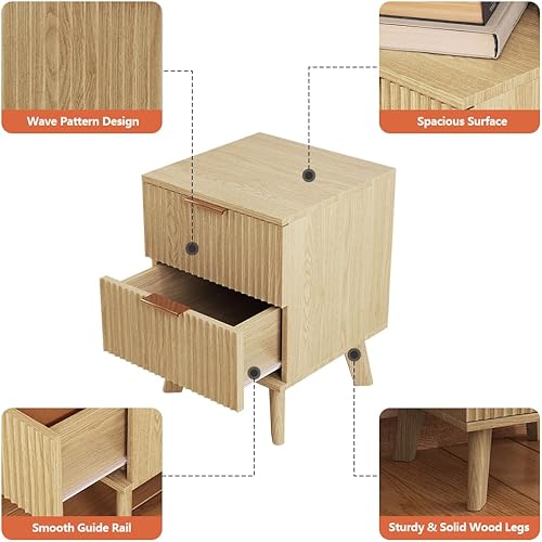 Miniatura 3 de Juego de 2 mesitas de noche con cajones, moderna mesa auxiliar de cama grande a rayas con 2 cajones, mesita de noche moderna de mediados de siglo