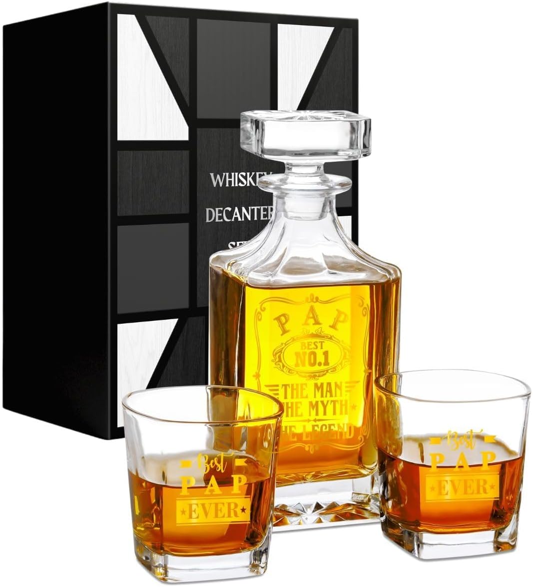 Onebttl Pap Gifts Whiskey Decanter Set, 25oz/750ml Decanter with Stopper and 2 Whiskey Glasses for Liquor, Burbon, Whiskey, Perfect for Pap for Christmas, Father's Day - Man Myth Legend
