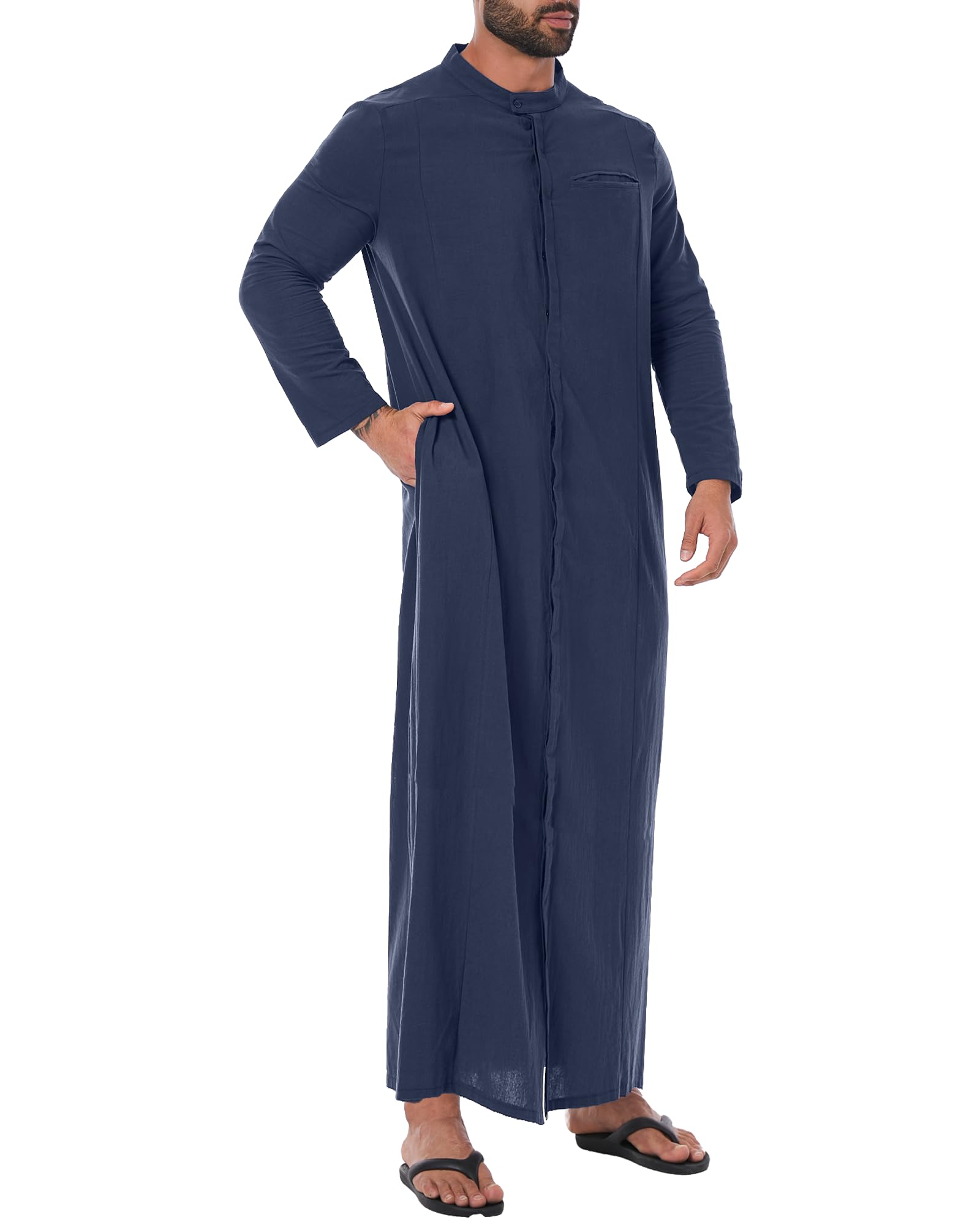 YAOHUOLEThobe for Men Long Sleeve Full Button Up Kaftan Abaya Long Gown Muslim Robes Stand Collar With Pocket