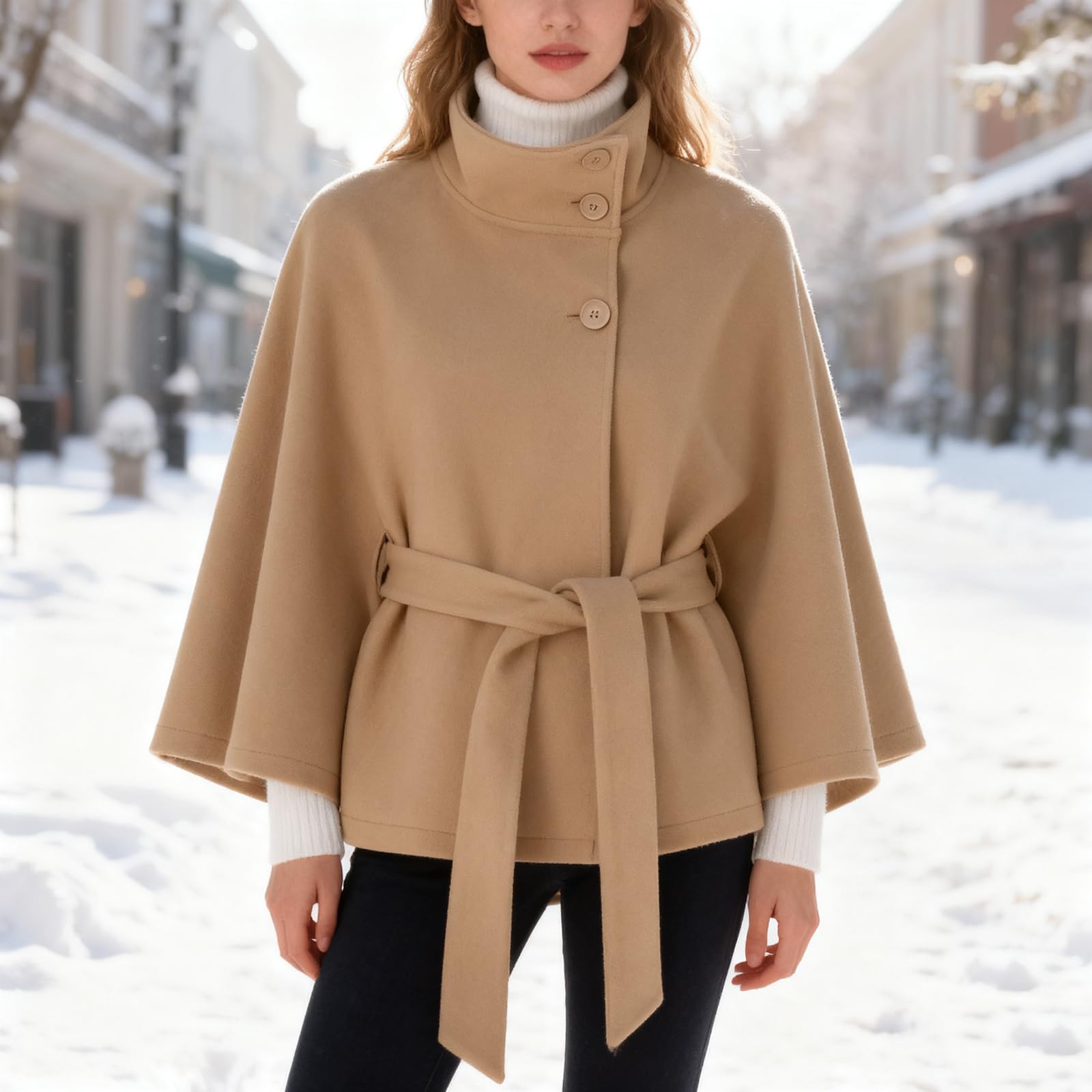 Generisch Weißer Cape-Mantel,Poncho mit Fledermausärmeln, Damen-Wintermantel mit Stehkragen und Gürtel