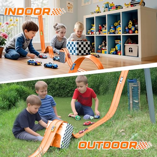 Image of Flexible Race Car Track 15 Ft Starter Set with Suction Cups, Rolls Up Portable Race Track Compatible with Diecast 1 /64th Car, Suitable for Home, Beaches, Parks, and Lawn