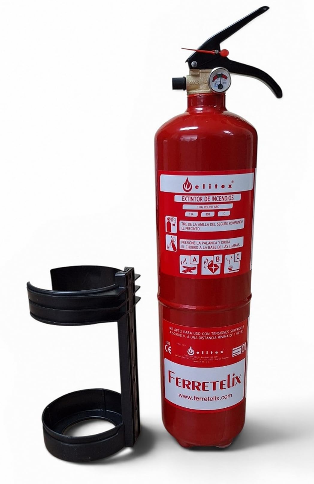 FERRETELIX® Extintor de Polvo ABC 3 kg Homologado CE con Soporte de Montaje | Extintor Portátil para Hogar, Garaje, Oficina, Comercio, Taller y Vehículos