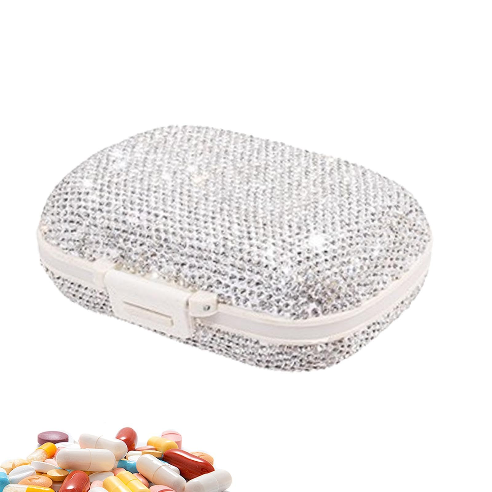 Portapillole - Portapillole con brillantini, portapillole, portapillole con scomparti, organizzatore per pillole da viaggio, organizzatore settimanale per la casa e i viaggi, bianco, rosso, bu