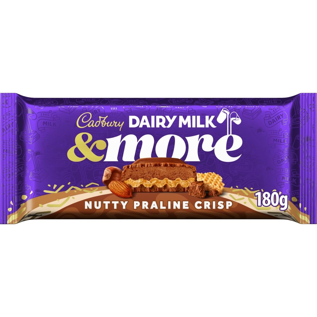 Cadbury Dairy Milk & More Nutty Praline Crisp Chocolate Bar, Treat for Sharing, Snacking & Gifting 180 g (Pack of 1)